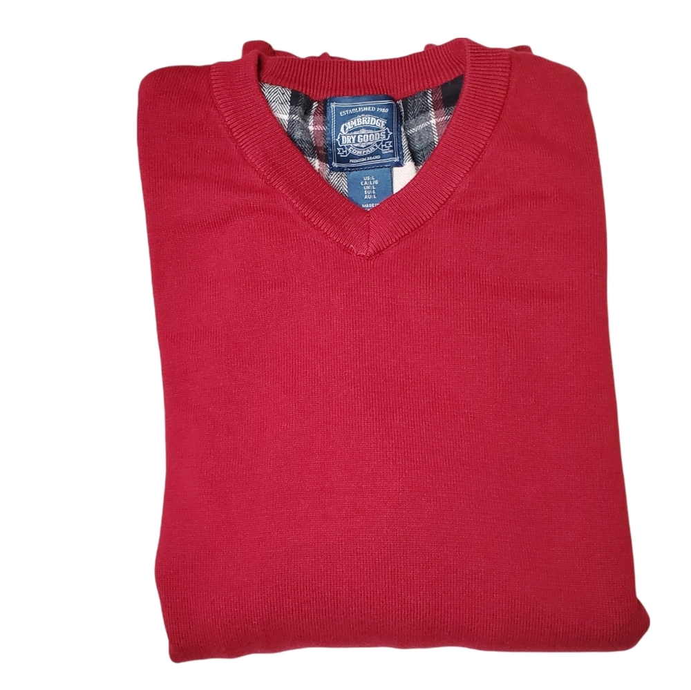 CAMBRIDGE DRY GOODS | Men's deep red v-neck pullover sweater. Size large.